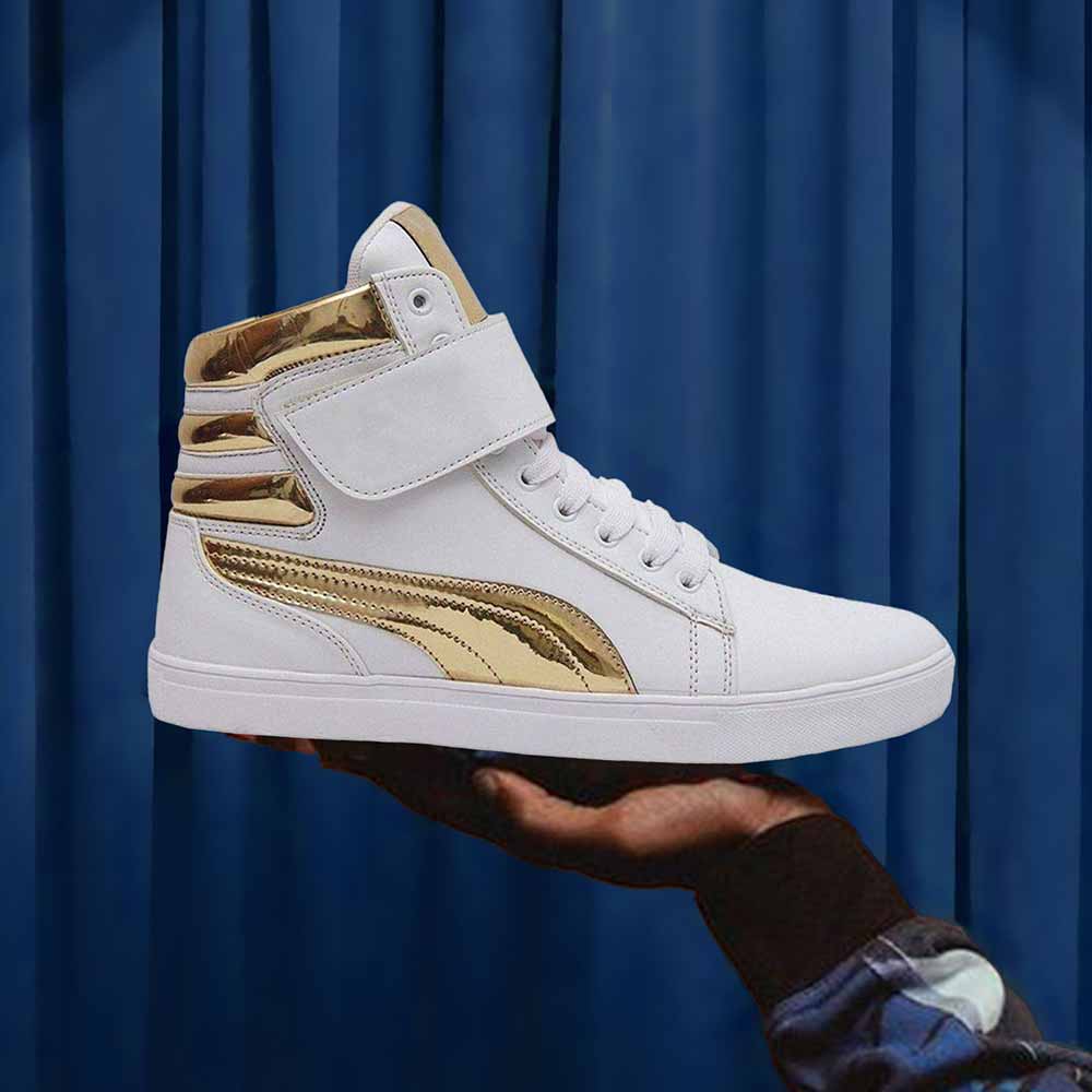 Shoe Island High Ankle Length Velcro White Shinning Gold Casual Dance Sneakers