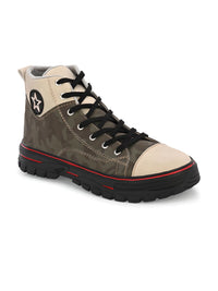 Thumbnail for Bucik Men Olive Synthetic Leather Lace-Up Boots